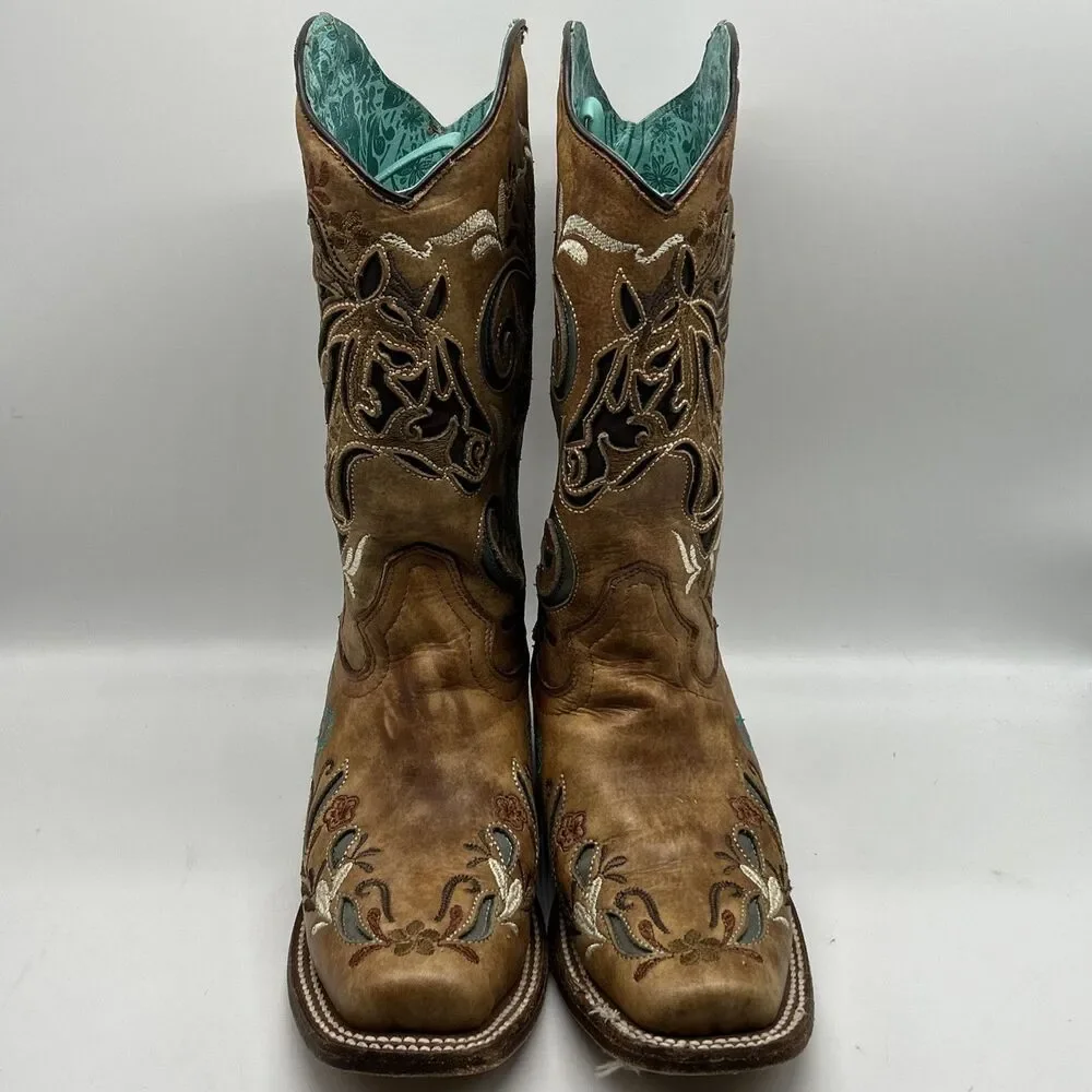 Corral Boots Womens 6.5 M Horse‎ Inlay Embroidered Cowboy Western
